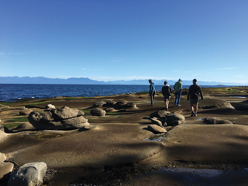 4 people walking a sandstone beach, with boulders. 